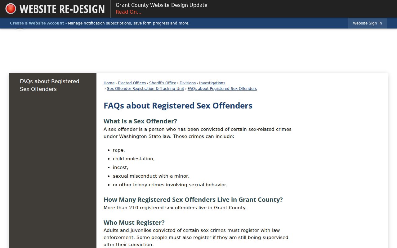 Grant County sex offender registry levels and public information FAQ