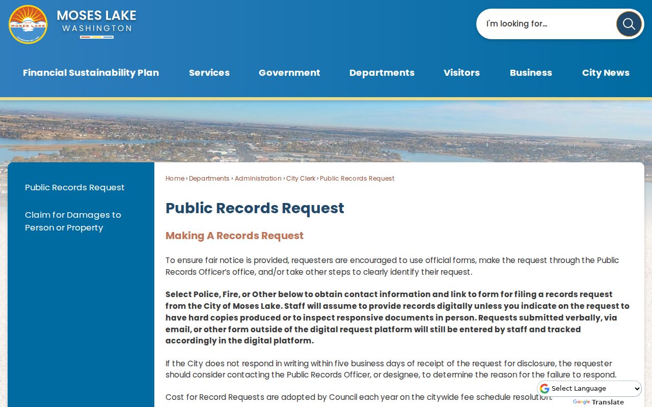 Moses Lake criminal records request through the city public records portal